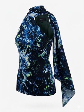 NIMA 100% Silk Abstract Print Asymmetrical Halter Top Scarf Blue Black Size 8